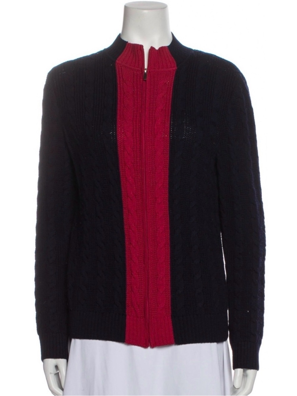 St. John Mock Neck Navy Cable Knit Zip Cardigan with Red Panel - Size Small - Picture 10 of 11